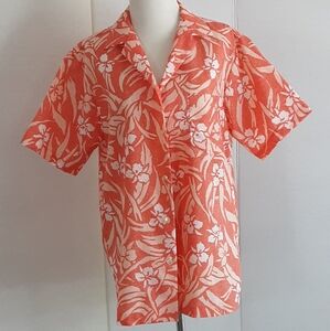 Hilo Hattie's Hawaiian Flora Coral White Print 100% Polyester Shirt Sz M - Vtg